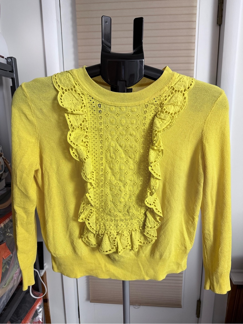 Cottagecore Whimsy Bright yellow J. Crew Ruffle Eyelet Bib Sweater Romantic XS
